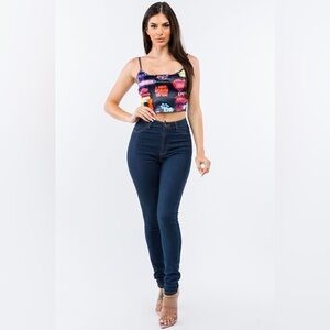 Bear Dance Vegas Light Neon Sign Influencer Printed Satin Sleeveless Crop Top
